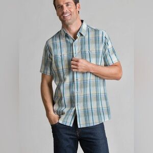 Kuhl Skorpio Shirt Mens Large Blue Plaid Short Sleeve Button Up Linen Blend